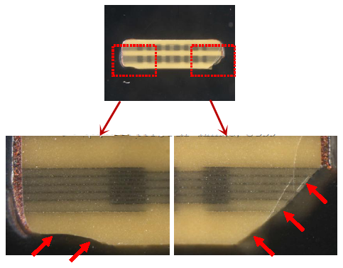 從破裂的現象與電容廠商切片的照片看來，破裂的痕跡從端接處以斜角裂開，電容零件的確像是機械外應力所造成的破裂。
