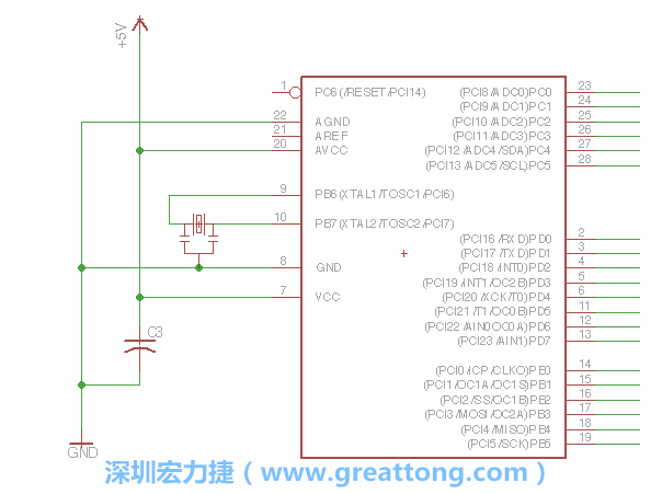 3.2.    在靠近ATmega的電源供應(yīng)針腳7的位置放置一個0.1μF的電容，將它分別連接電源、接地端和針腳7。