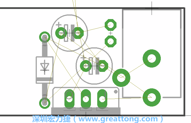 如同第一篇的步驟，我們將從電源迴路開始著手，移動電源插座（Power Jack）、電壓調(diào)整器、二極體、兩個(gè)電容和輔助接頭JP1到如上圖所示的位置。