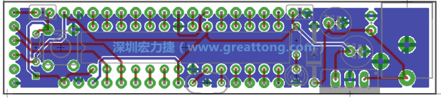第二篇文章則帶領(lǐng)你進(jìn)行電路板上的布線、連結(jié)點(diǎn)的配置，并利用「設(shè)計(jì)規(guī)則檢查（Design Rule Check）」測(cè)試你的設(shè)計(jì)，第二篇文章的電路板設(shè)計(jì)圖將如下所示：